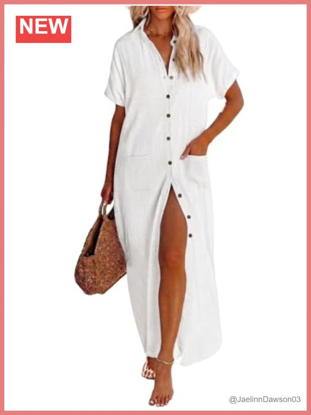100% Cotton Button Down Beach Cover Up Shirt Dress with Pockets